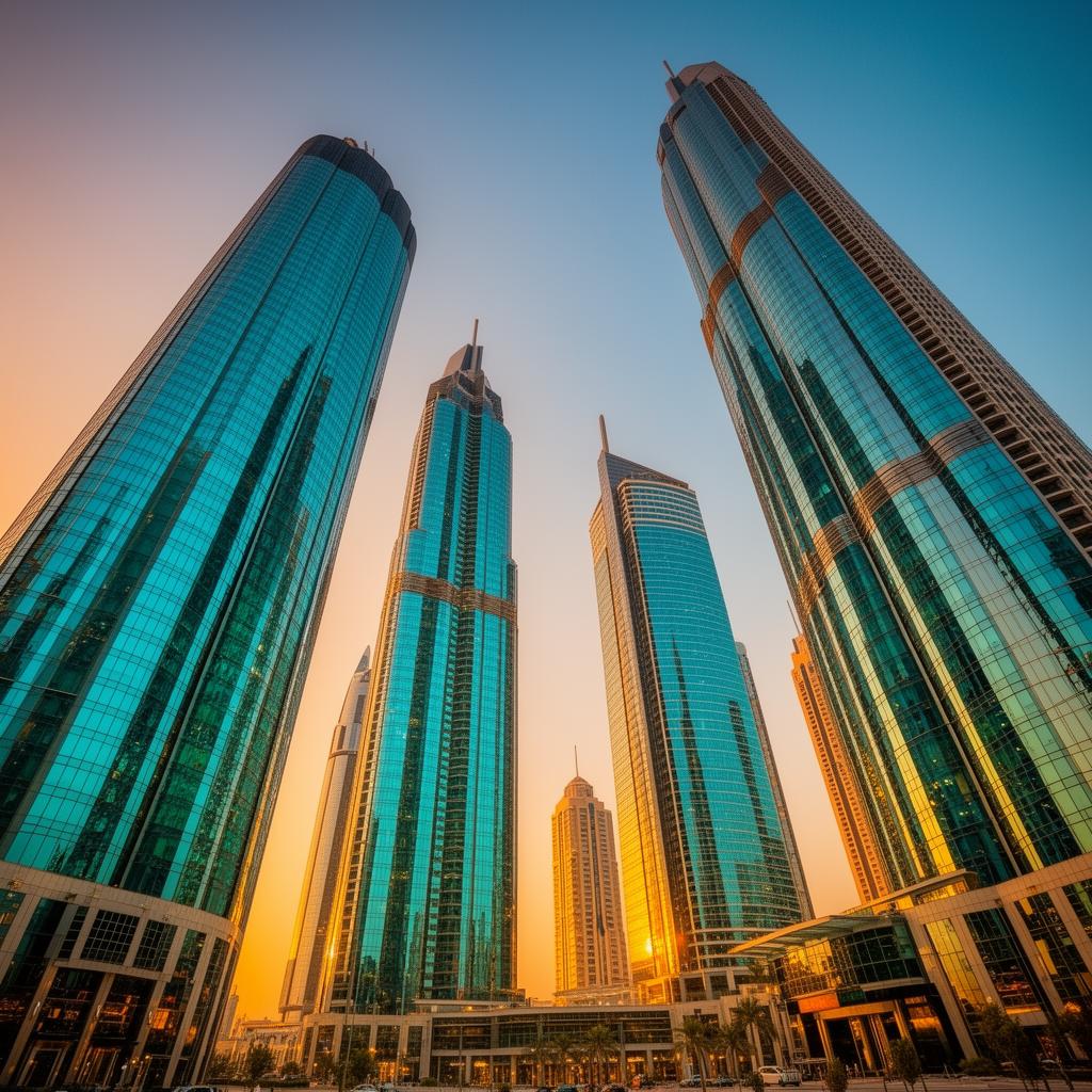 Modern Dubai business district skyscrapers